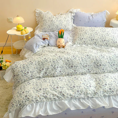 Decorbites™ Koreanische Prinzessin Blumen-Volants-Bettwäsche-Set: Einzel-/Queen-Duvet, Bezug & Kissenbezüge