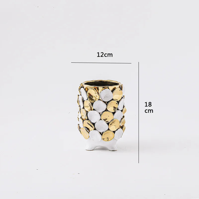 DecorBites™ Geometric Gold Leaf Relief Ceramic Vase - Elegant Hand-Appliqued Flower Pot Home Decor