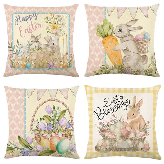 Decorbites™ Osterhase-Hasen-Leinen-Kissenbezug 45x45 cm - Blumenmuster-Festival-Hülle