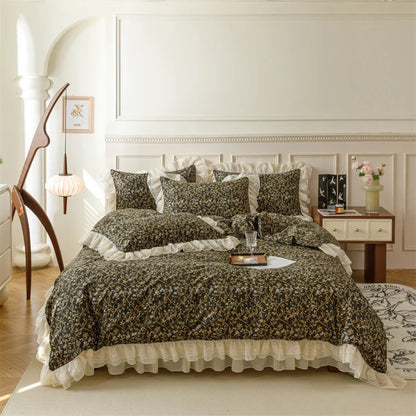 DecorBites™ French Country Flowers Print Bedding Set with Lace Ruffles