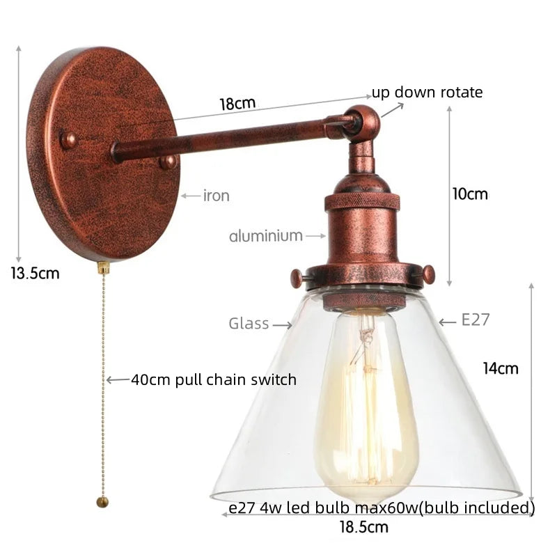 Decorbites™ Klares Glas Eisen LED Wandlampe Rustikales Industrielles Vintage Steckdosensleuchte