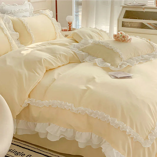 Decorbites™ Koreanische Prinzessin-Lolita-Bettwäsche-Set aus 4 Teilen in fester gewaschener Baumwolle
