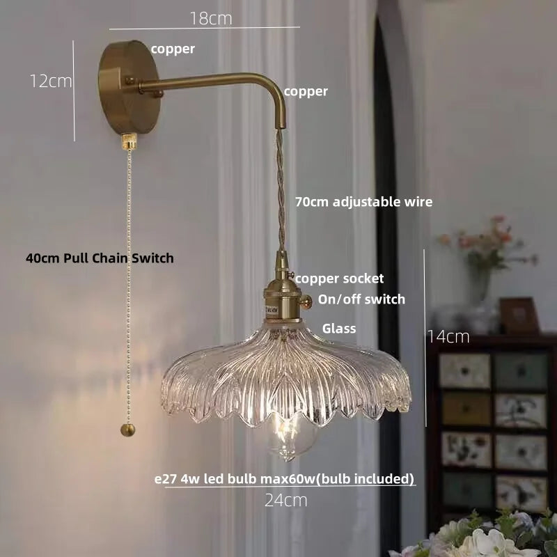 Decorbites™ Amber Vintage LED Wandlampe Glas Kupfer Zugschalter für Schlafzimmer