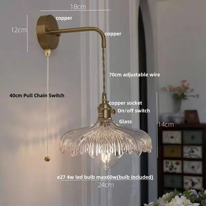 Decorbites™ Amber Vintage LED Wandlampe Glas Kupfer Zugschalter für Schlafzimmer