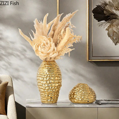 Decorbites™ Golden Falten-Keramik-Vase – Schreibtisch-Dekoration, vergoldete Blumenkübel für ästhetische Raumdekoration