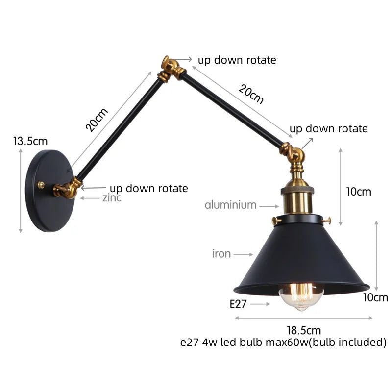 Decorbites™ Eisen LED Wandlampe mit Zugschalter Industrie Vintage Loft Treppenbeleuchtung