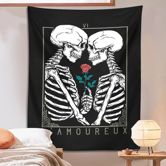 Decorbites™ Kussende Liebende Tarot-Gobelin: Skelett & Rose Hippie-Zimmerdekoration
