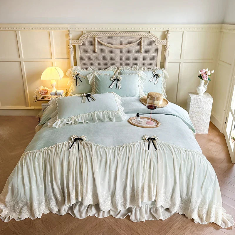 Decorbites™ Spitzen-Volants-Prinzessinnen-Bettwäsche-Set, Samt-Duvet-Cover, Plüsch-Bettlaken, Kissenbezüge