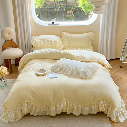 Decorbites™ Spitzen-Volants-Bettwäsche-Set in Perlmutt-Weiß Creme Gelb Prinzessin-Baumwolle