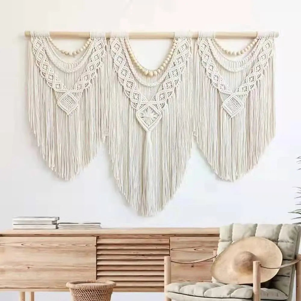 Decorbites™ Großes handgewebtes Makramee-Wandhänger-Teppich mit Holzstab und Troddeln
