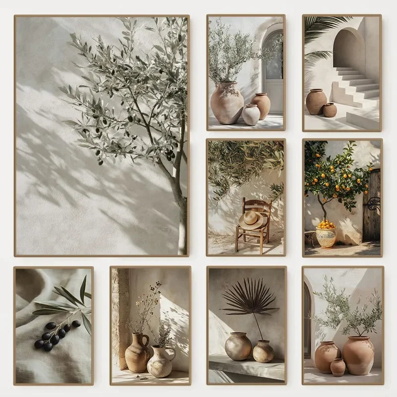 1pc Frameless Minimalist Natural Plant Olive Tree Pottery Poster Mediterranean Still Life Canvas Painting Country Room Decor