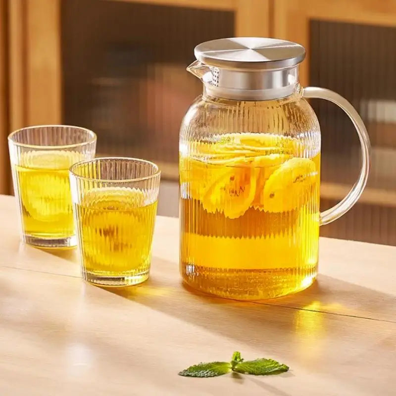 Decorbites™ Glas-Kaltwasserkessel-Set: Transparent gestreiftes Design, Edelstahl-Deckel, 1,6-Liter-Fassungsvermögen