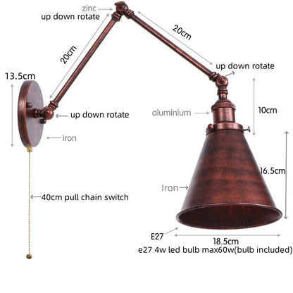 DecorBites™ LED Long Arm Wall Lamp with Pull Chain Switch for Home Hotel Bathroom