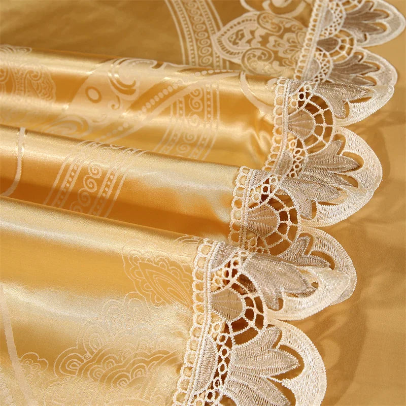 Decorbites™ Golden Jacquard-Baumwoll-Spitzen-Bettwäsche-Set – Seidig weiche Daunendecke, Spannbettlaken, Kissenbezug