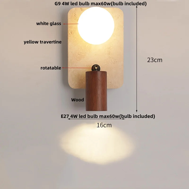 Decorbites™ LED Wandlampe 2 Glasball Weiß, Gelber Travertin-Stein Innenbeleuchtung