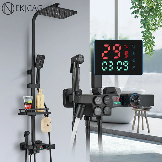 Decorbites™ Digitales Anzeigen-Thermostat-Duscharmatur-Set, Regendusche-Säule, Wandmontage – Schwarz/Chrome