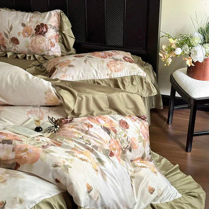 Decorbites™ Französisches Vintage Rüschen-Bettwäsche-Set aus ägyptischer Baumwolle mit Blumenmustern