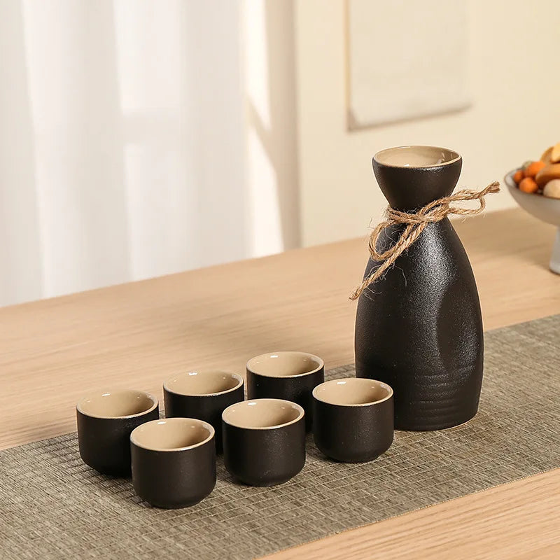 DecorBites™ Black Ceramic Wine Warmer & Sake Pot for Home, Handcrafted Japanese Design