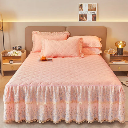 DecorBites™ Cotton Lace Ruffles Quilted Bed Skirt Set with Pillowcases