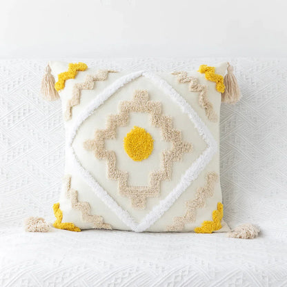 DecorBites™ Geometric Tufted Embroidery Flowers Boho Cushion Cover with Tassel