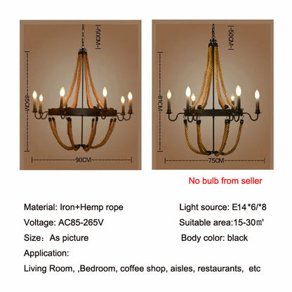 DecorBites™ Hemp Rope Ceiling Chandelier Vintage Pendant Lamp for Dining Room & Living Room