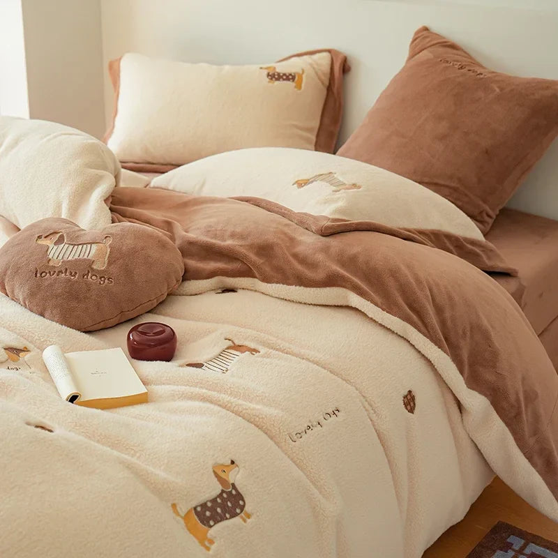 DecorBites™ Embroidered Imitation Cashmere Bedding Set for Queen Bed Warm Winter Cozy Set