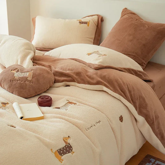 Decorbites™ Besticktes Imitat-Kaschmir-Bettwäsche-Set für Queen-Bett – Warmes, gemütliches Winter-Set