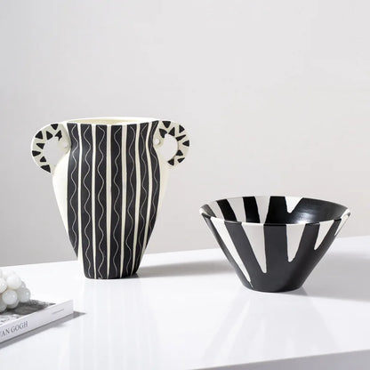 Decorbites™ Schwarzes Karo Geometrisches Gestreiftes Keramikvasen - Handgefertigter Blumenarrangement-Topf