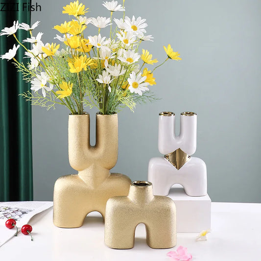 Decorbites™ Gold Geometrische Keramik Vase Schreibtischdekoration Moderne Blumige Raumdekoration Vase