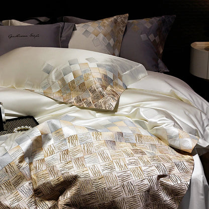 Decorbites™ 4-teiliges Luxus-Stickerei-Bettwäsche-Set in Perlmuttweiß/Grau Satin-Brokat-Baumwolle