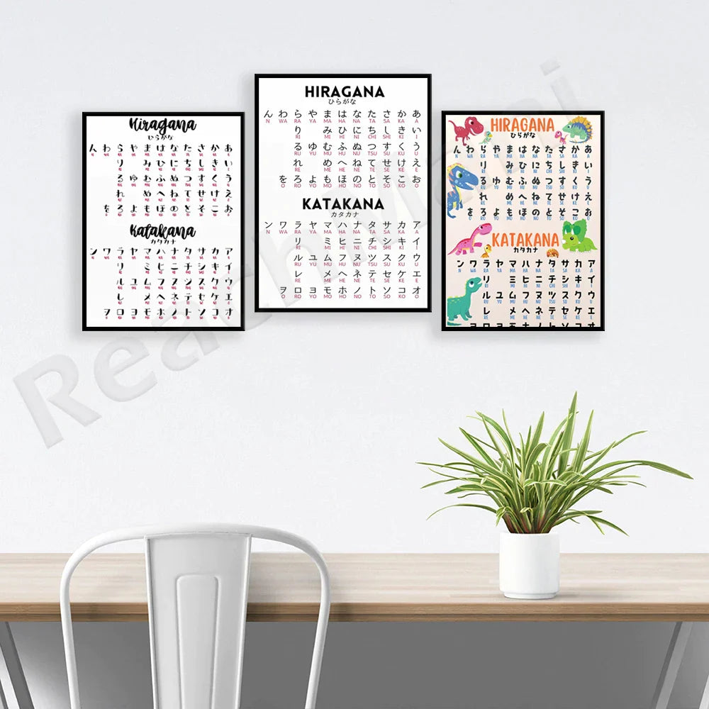 Decorbites™ Infografik-Poster zu japanischen Hiragana und Katakana, minimalistisches Design für Sprachlerner