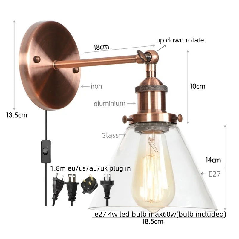 Decorbites™ Klares Glas Eisen LED Wandlampe Rustikales Industrielles Vintage Steckdosensleuchte