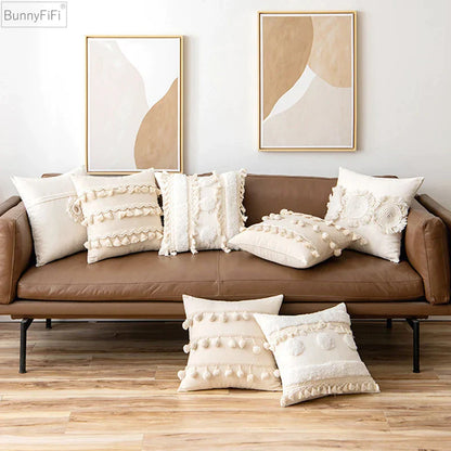 Decorbites™ Elfenbein Pompon-Quaste Kissenbezug 45x45cm/30x50cm Heimdekoration Sofa Saisonbezogen