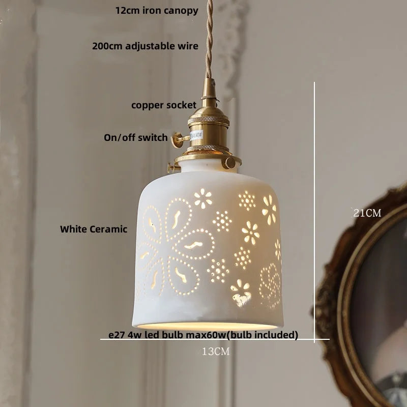 DecorBites™ Brown Wood LED Pendant Light - Nordic Modern White Ceramic Hanging Lamp