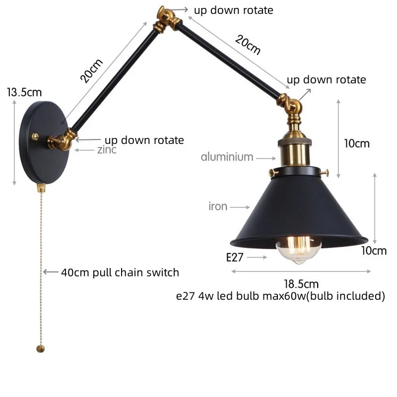 Decorbites™ Industrielles Loft-LED-Wandleuchte Schwarz Vintage Schwingarm-Spiegel-Licht