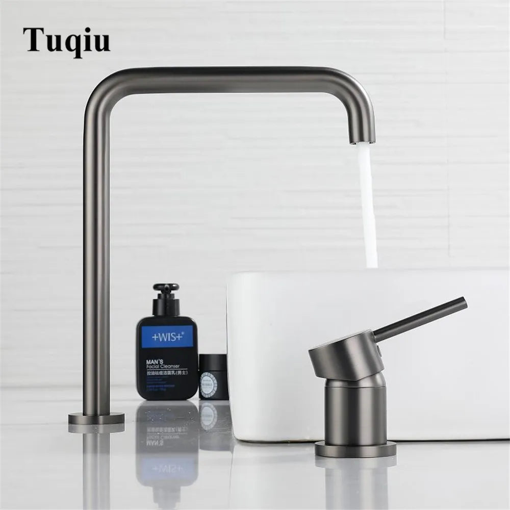 DecorBites™ Gun Grey Bathroom Faucet with Super Long Pipe, 360° Rotating, Two Holes