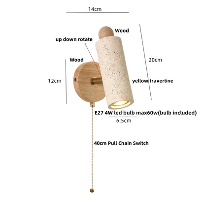 DecorBites™ LED Wall Sconce Yellow Travertine Stone Wood Nordic Modern Rotate Bedside Lamp
