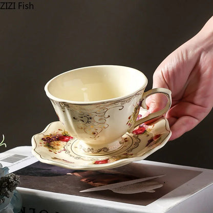 DecorBites™ Lace Edge Flower Ceramic Cup & Saucer Set - Gold-plated Teacup for Dining Table