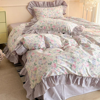 Decorbites™ Französisches Blumen-Motiv Baumwoll-Bettwäsche-Set mit großen Spitzenvolants, Frische Blumen