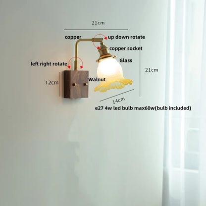 DecorBites™ Glass Pink LED Wall Sconce, Pull Chain Switch, Walnut Wood Bedside Lamp