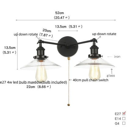 DecorBites™ Industrial LED Wall Light Fixture with Glass Pull Chain Switch - 2 Heads