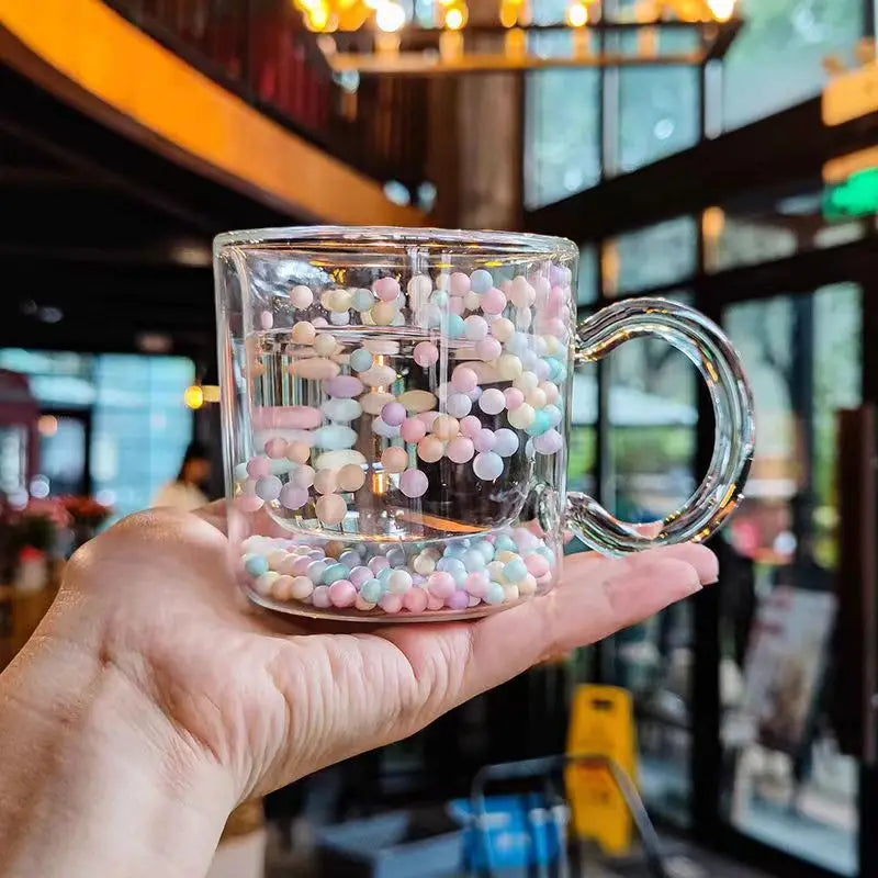 DecorBites™ Double Wall Glass Cup with Heart Bubble Quicksand - 190ml - Creative Multicolor Mug