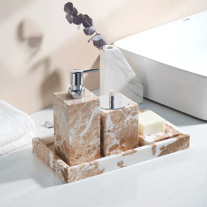 DecorBites™ Coral Pink Marble Bathroom Accessories Set: Dispenser, Dish, Holder, Tissue Box, Tray