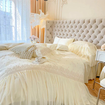 Decorbites™ Französische Vintage-Spitzen-Volants Beige Baumwoll-Prinzessinnen-Hochzeits-Bettwäsche-Set
