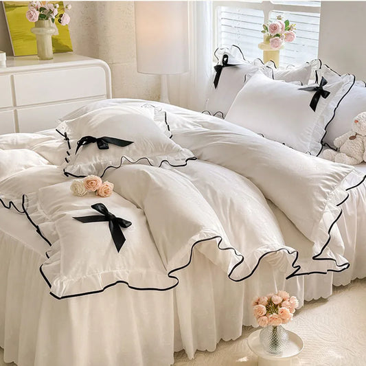 Decorbites™ Spitzenbogen-Bettrock-Bettwäsche-Set in romantischer Einheitsfarbe für King-, Queen- und Doppelgrößen