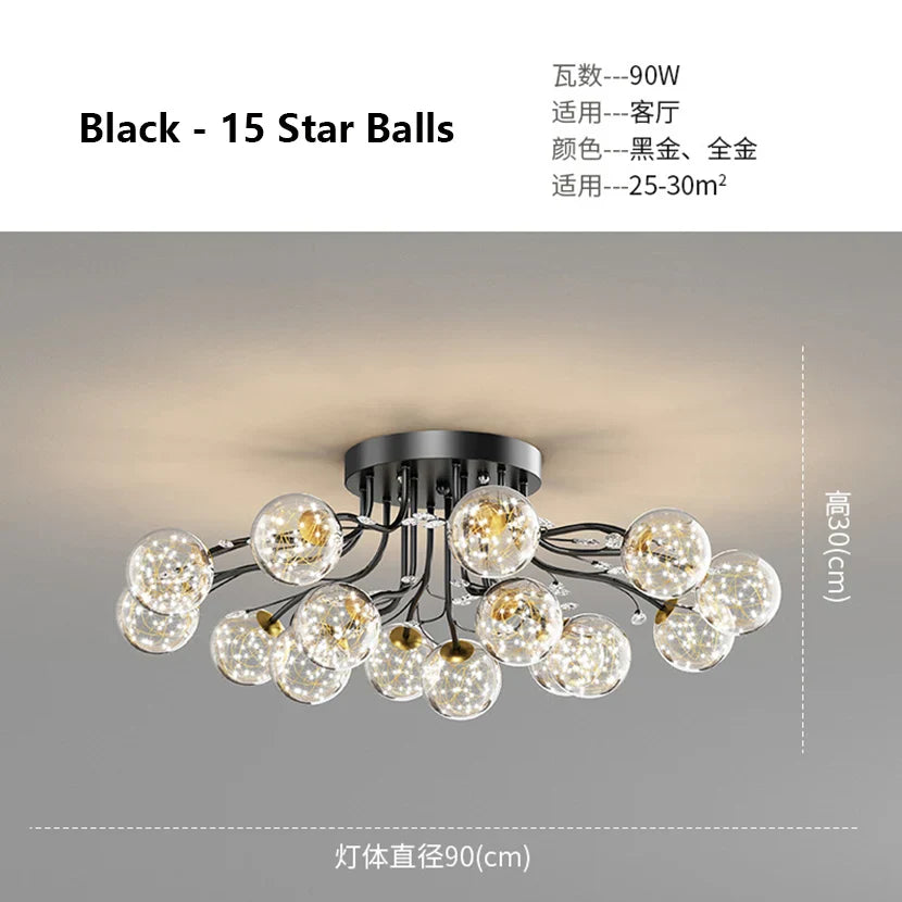 Decorbites™ Glas-Blase-Kugel-LED-Deckenleuchte in Schwarz-Gold-Kristall für Schlafzimmer & Wohnzimmer