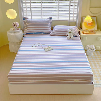DecorBites™ Cotton Striped Fitted Bed Sheet for Queen Double Mattress Cover