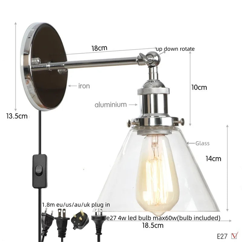 Decorbites™ Klares Glas Eisen LED Wandlampe Rustikales Industrielles Vintage Steckdosensleuchte