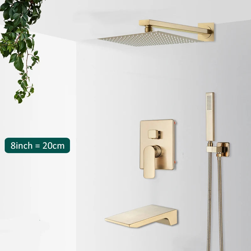 Quyanre Brushed Gold Shower Faucets Set Bathroom Wall Mounted Shower System Embedded Box Shower Mixer Tap Rainfall Shower Faucet
