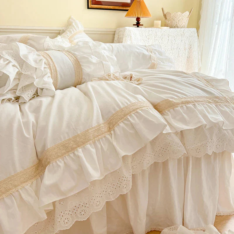 Decorbites™ Französisches Vintage Rüschen-Stickerei Bettwäsche-Set, Cremewhite, 100% Baumwolle, Bettbezug